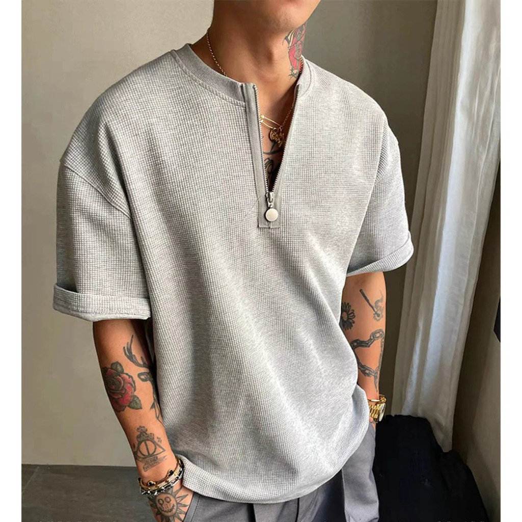 Waffle knit solid color half-zip drop-shoulder short sleeve T American-style henley shirt