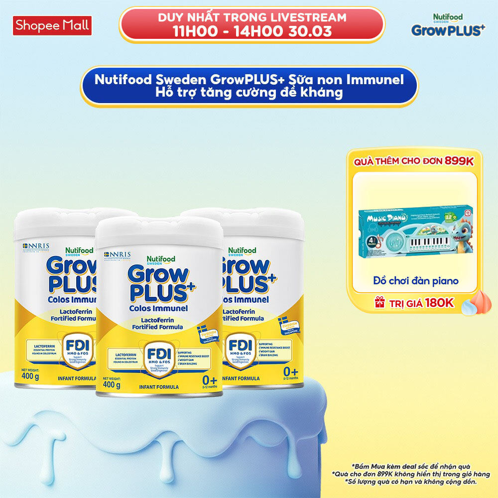 Combo 3 Sữa Bột Nutifood Sweden GrowPLUS+ Sữa Non Immunel từ 0 - 12 tháng lon 800 g (Bao bì tuỳ lô h
