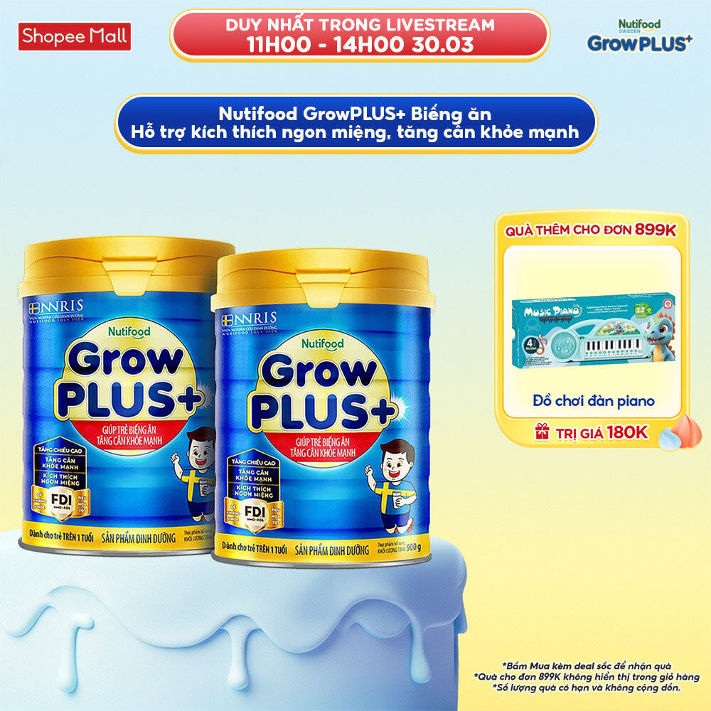 Combo 2 Sữa Bột Nutifood GrowPLUS+ Xanh (Biếng Ăn) 900g - Trên 1 Tuổi - Tăng Cân Khỏe Mạnh (2 Lon x 