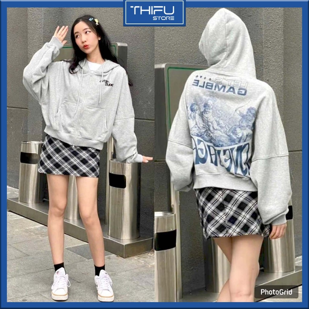 Áo Khoác Nữ Croptop Hoodie Nỉ Chất Dày Dặn Form Rộng Dáng Lửng Tay Phồng Thêu Chữ OUTSET STUDIO