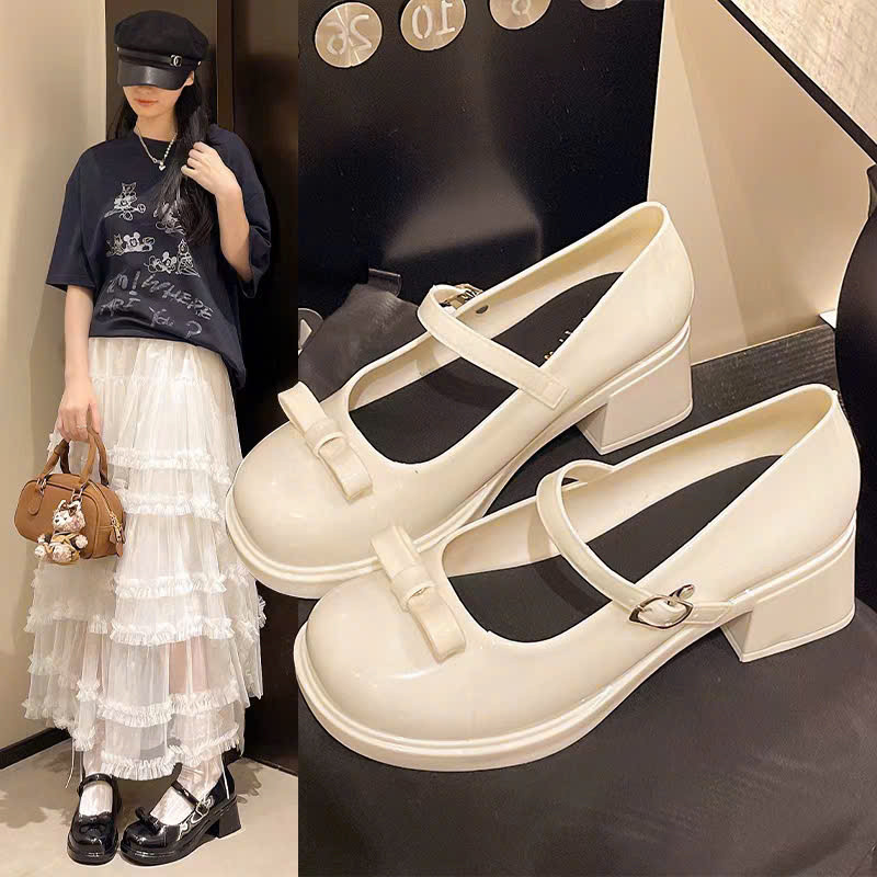 [Có sẵn] Phiên bản nhựa cao cấp - giày lolita giày đế đốc đế cao đính nơ tiểu thư sang chảnh