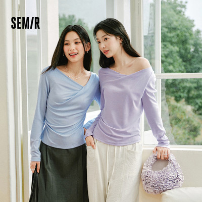 Áo thun nữ dài tay Semir mùa xuân thiết kế bất đối xứng, ôm vừa vặn màu trơn