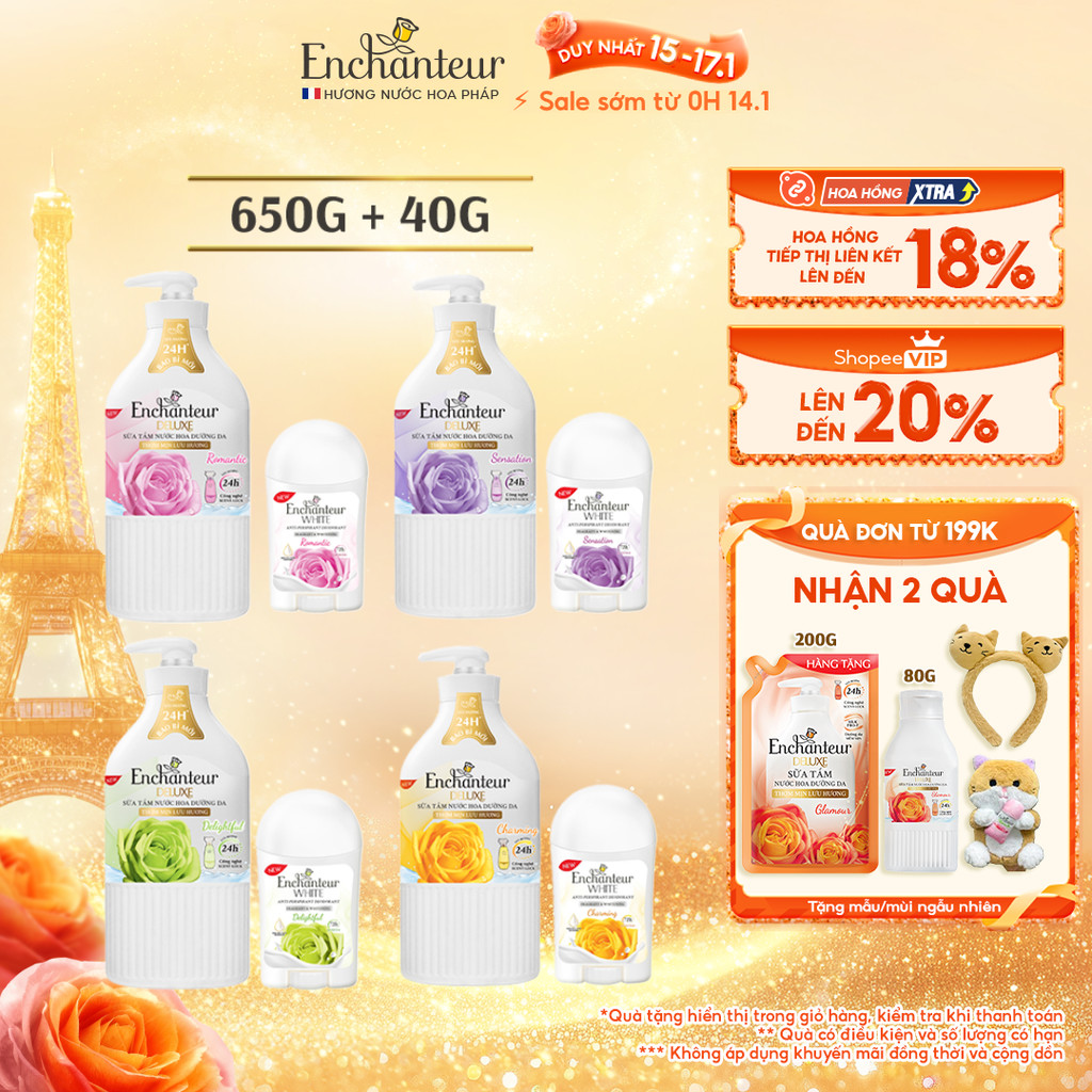 Combo Sữa Tắm Nước Hoa Dưỡng Da Enchanteur 650g + Sáp Khử Mùi Trắng Da Enchanteur 40g