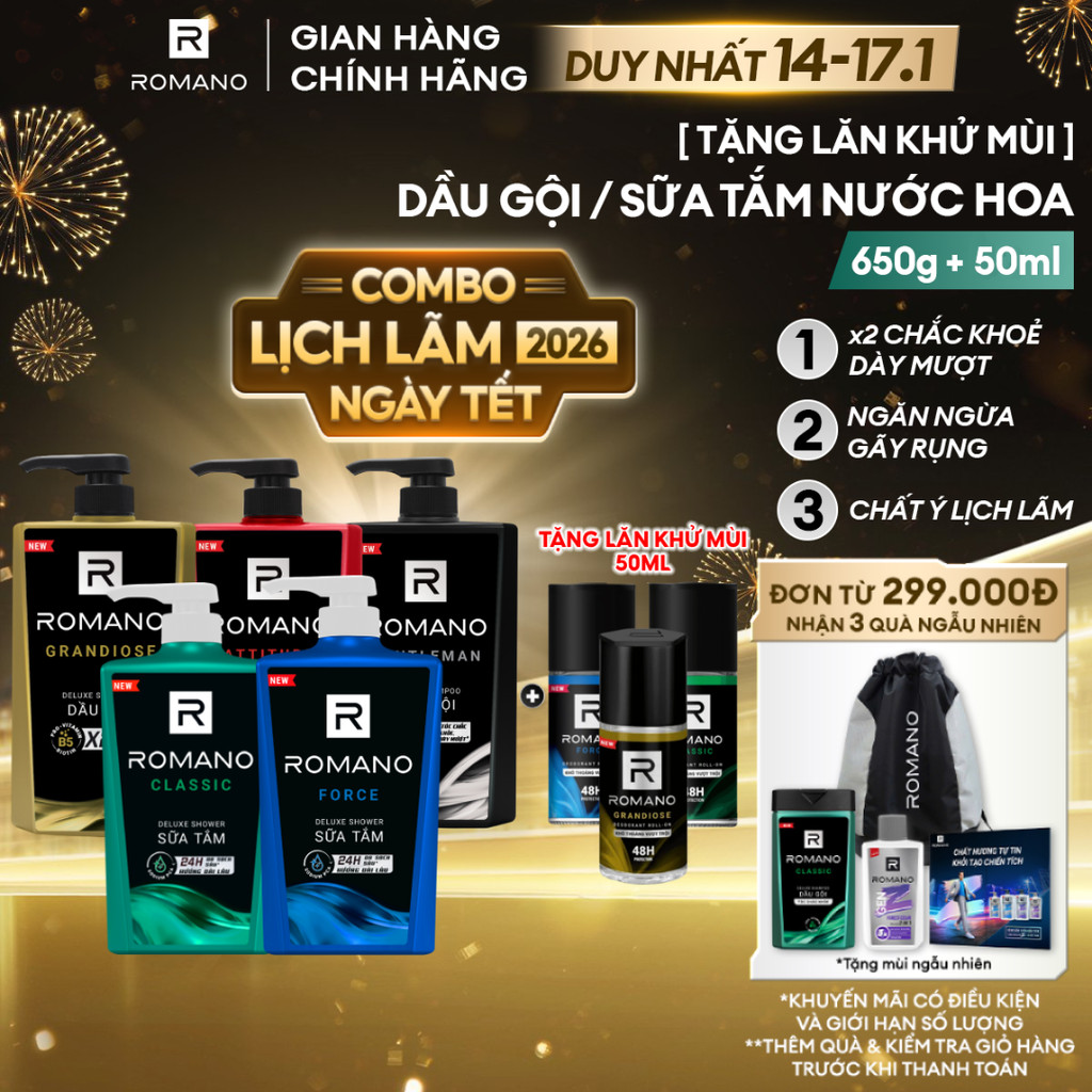 [Combo Lịch lãm 2026] Sữa tắm/Dầu gội ROMANO hương nước hoa 650g + Lăn Khử Mùi Hương Nước Hoa 50ml