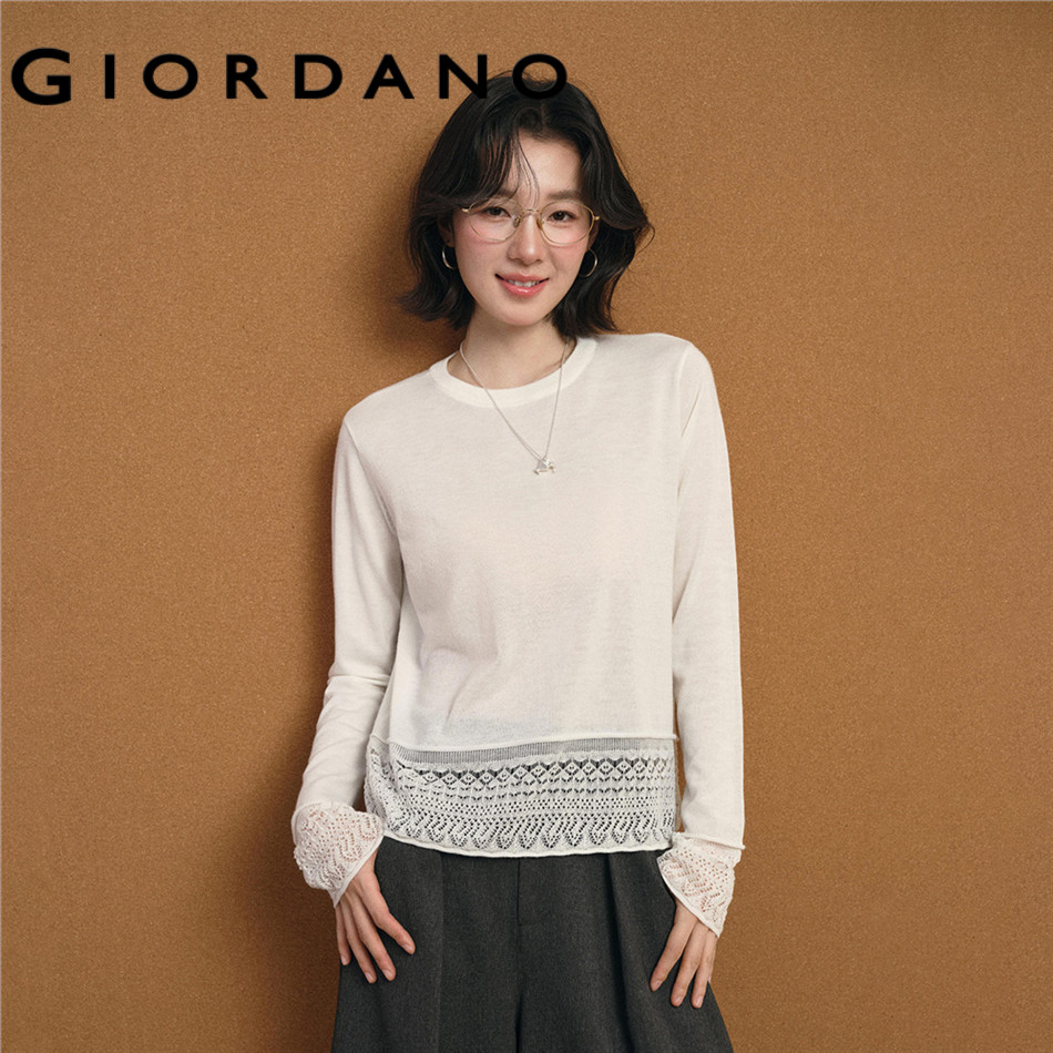 GIORDANO WOMEN Lace trim crewneck sweater 18356802