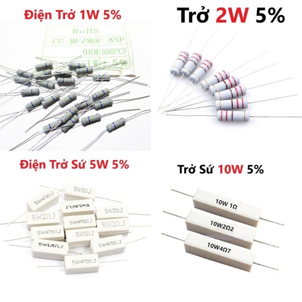 [1R - 1K] Điện Trở Công Suất 1W 2W sai số 5%, 1R, 10R, 100R, 220R, 470R, 1K Điện trở Sứ Chân Cắm - C