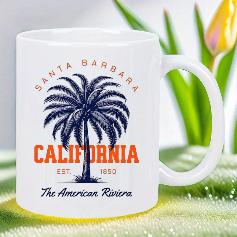 Cốc trắng gốm sứ Santa Barbara California Palm Tree - Vintage 1850 American Riviera Coffee Cup với "
