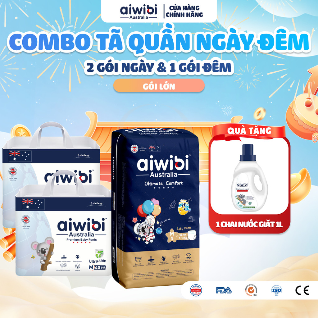 [Combo Ngày & Đêm] Tã/Bỉm Quần Cao Cấp Aiwibi Cho Bé Siêu Thấm Hút - 2 Gói Ngày Lớn + 1 Gói Đêm Lớn