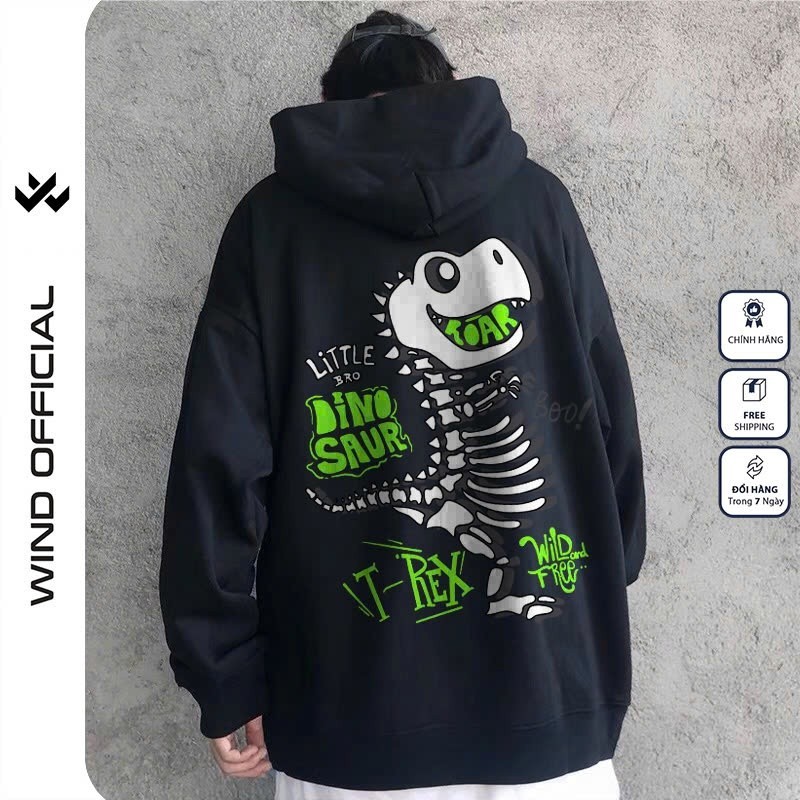 Áo hoodie unisex form rộng Wind Clothing T REX hoodie nút bấm thời trang