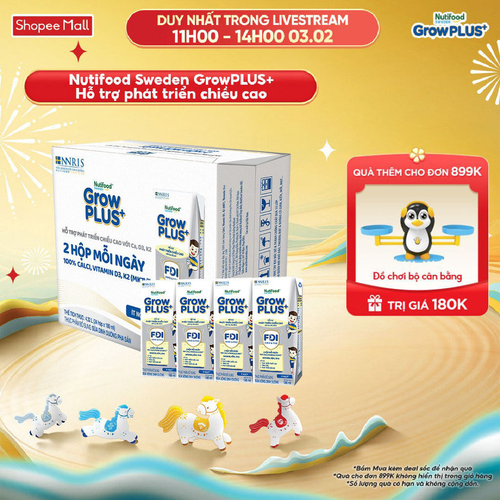 Thùng 24 hộp Sữa Bột Pha Sẵn Nutifood Sweden GrowPLUS+ Cao lớn vượt trội 24 hộp 180 ml
