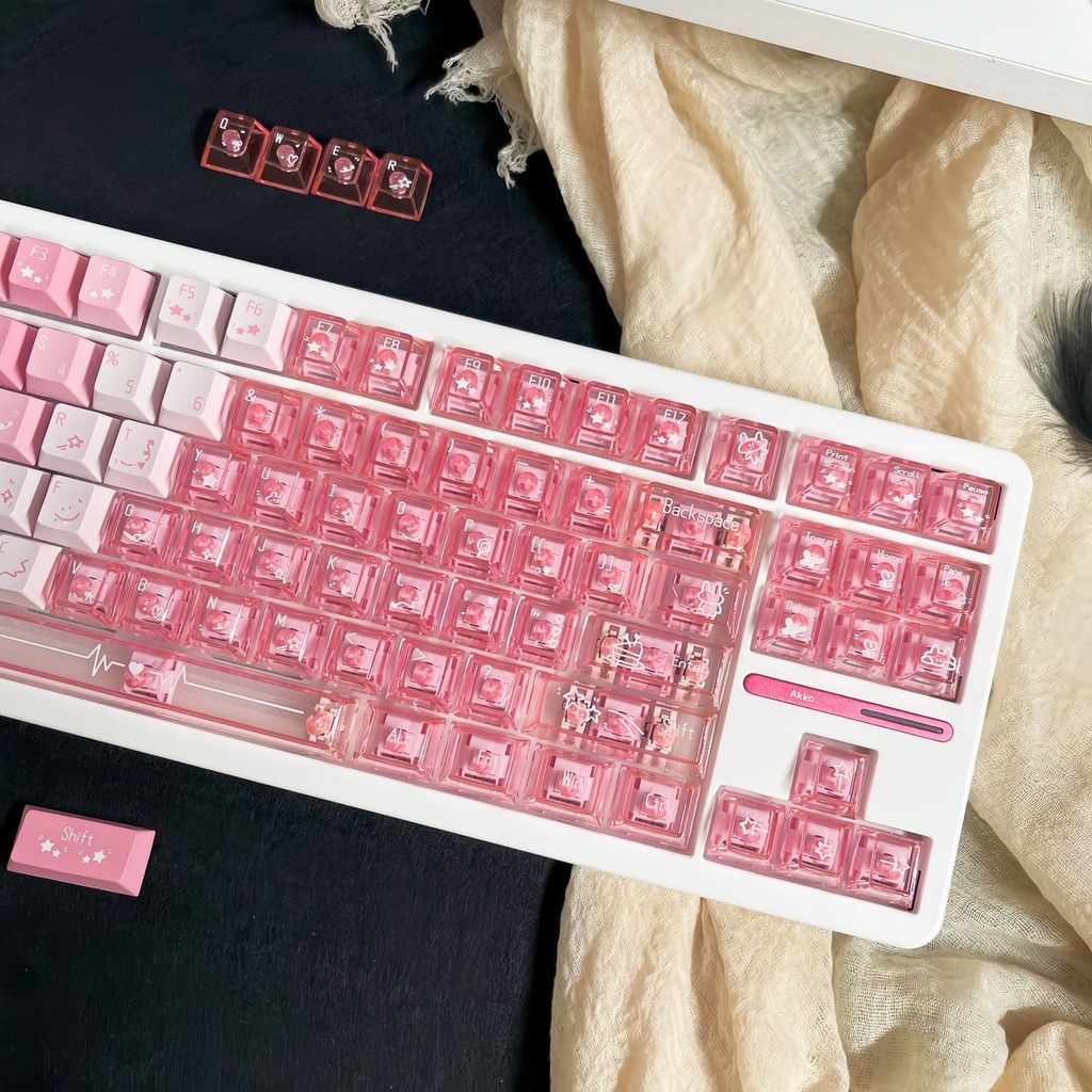 Strawberry Heartbeat Keycaps Cherry Profile PBT + PC Shine Through cho tất cả MX 61% 66% 98% 100% 10