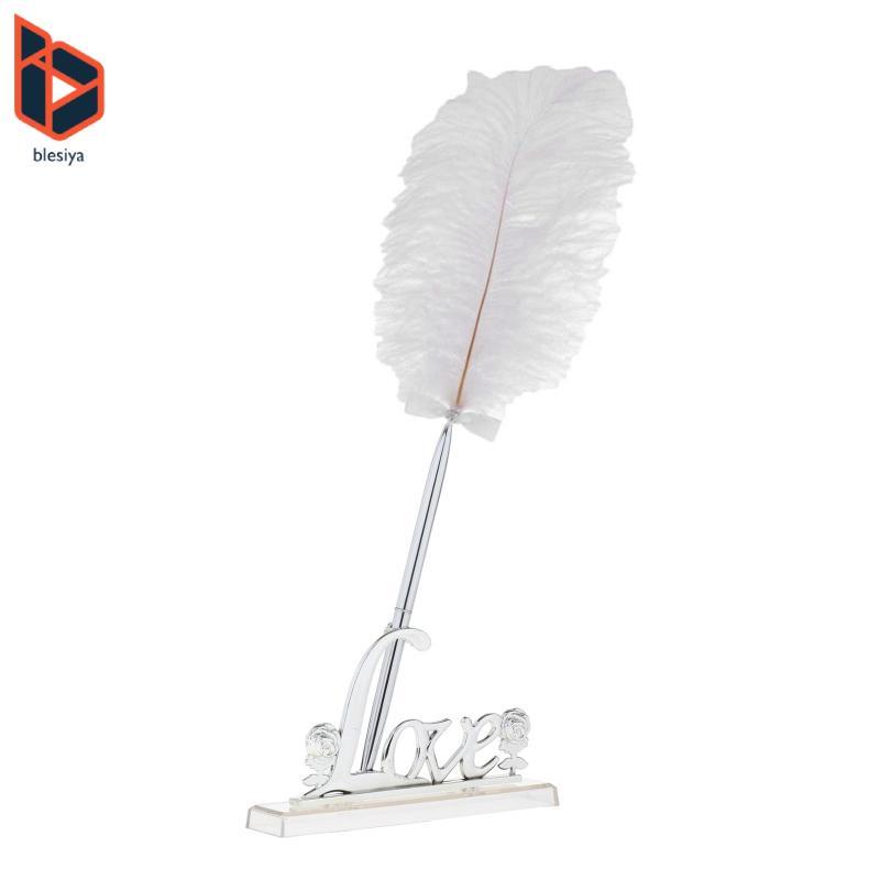 Blesiya Wedding White Feather Quill Guest Book Signing Pen with Love Holder 1 Cái