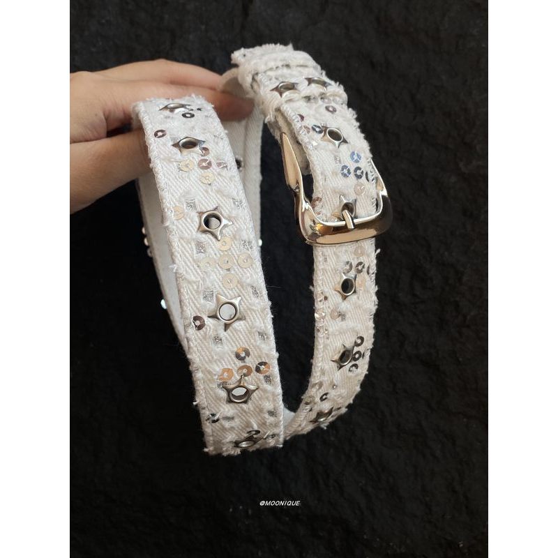 thắt lưng y2k quần hiphop y2k y2k outfit Mới Màu Trắng Denim Canvas Ngôi Sao Sequin Thắt Lưng Phong 