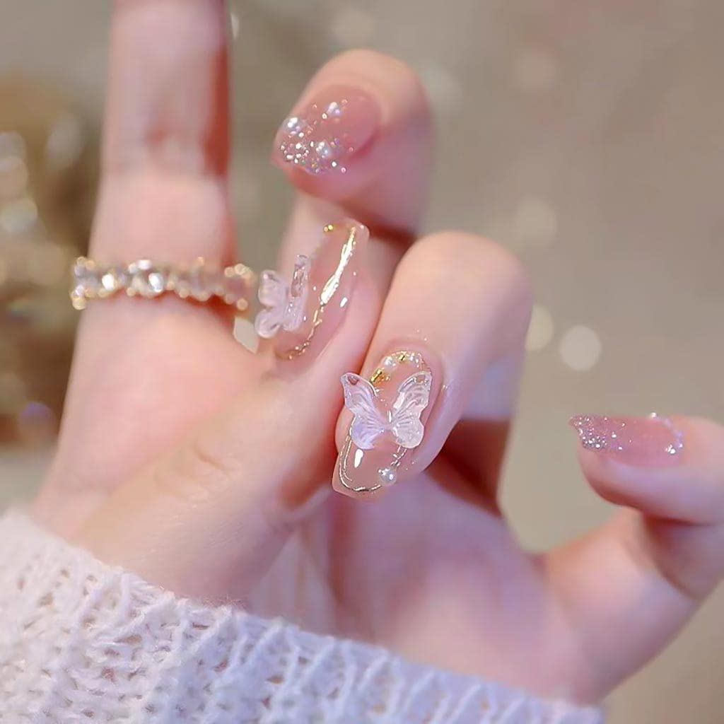 RikView Pink Press on Nails Medium Fake Nails Coffin Nails dành cho nữ với thiết kế bướm Móng tay bó