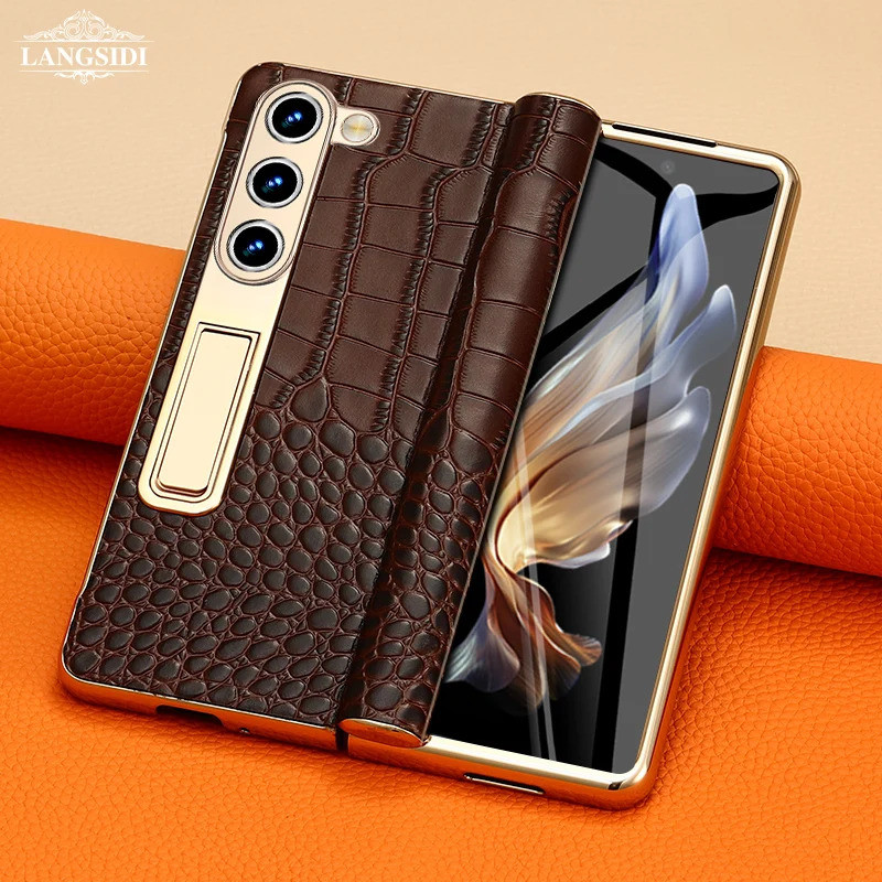 Ốp Da LANGSDI Cho Samsung Galaxy Z Fold 7 6 5 4 3 Fold6 Fold7 Mạ Vàng Bản Lề Từ Tính Đứng Bao Có Gươ