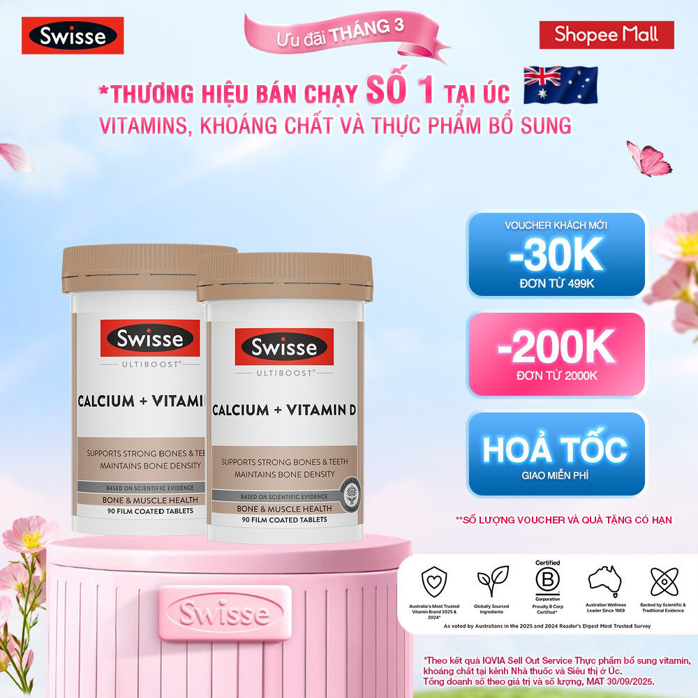 Combo 2 lọ hỗ trợ duy trì mật độ xương Swisse Ultiboost Canxi + Vitamin D3 90 viên