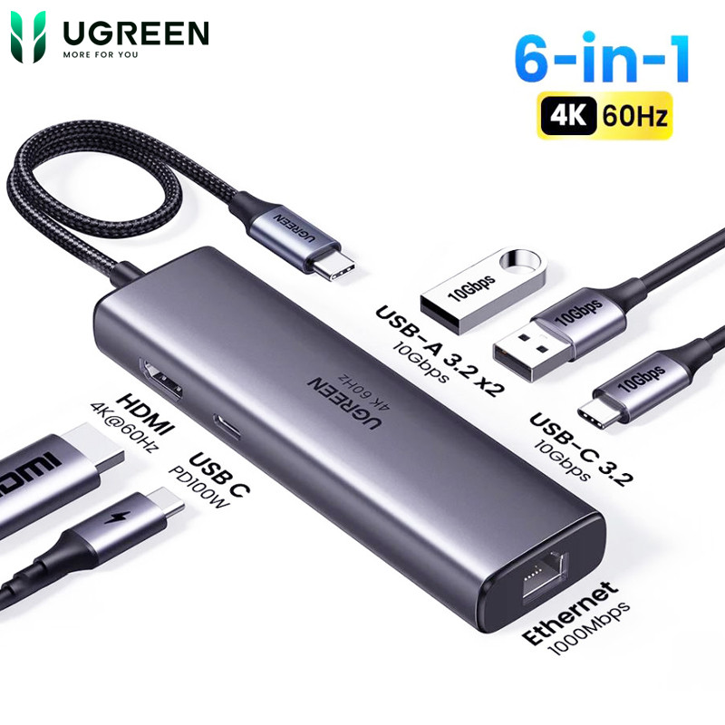 Hub USB-C Đa Năng All-In-One Ugreen CM512 HDMI 4K Lan 1Gbps Tốc Độ Siêu Tốc 10Gbps PD100W Vỏ Nhôm