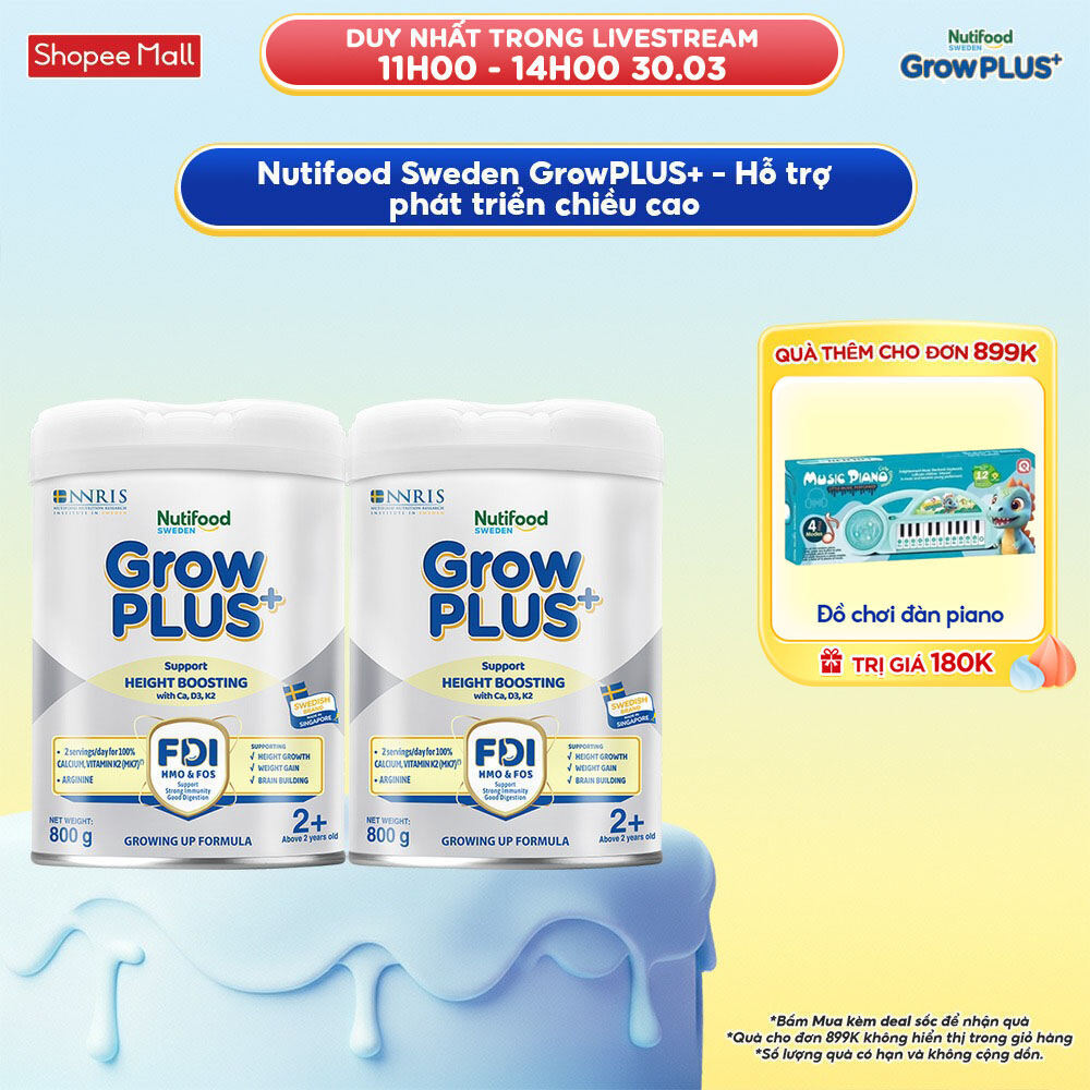 Combo 2 Sữa Bột Nutifood Sweden GrowPLUS+ Cao lớn vượt trội trên 2 tuổi (Bạc) 800g