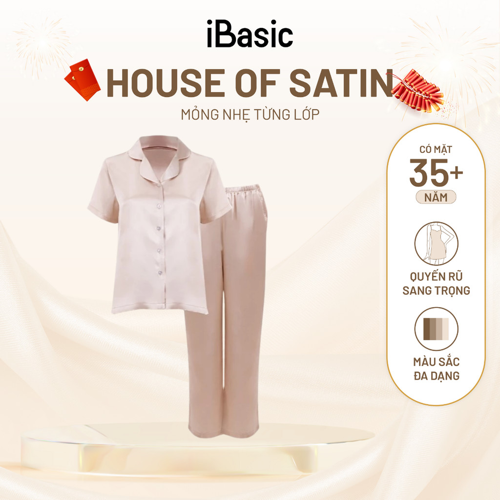 Đồ bộ mặc nhà nữ iBasic lụa satin áo tay ngắn quần dài HOMW057