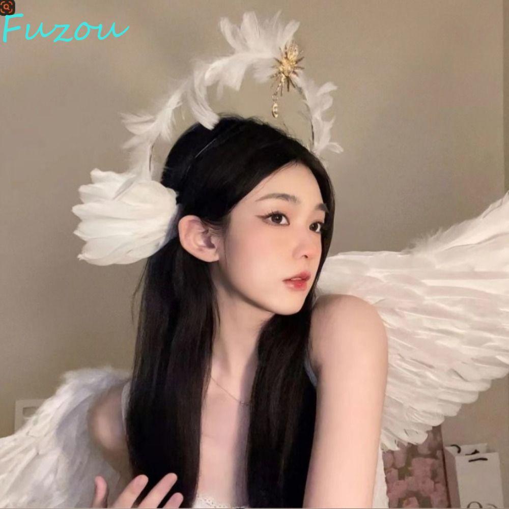 FUZOU Feather Halo Crown Headband, Dress Up Props Hai Lớp Virgin Mary Halo Queen Tiara, Handmade Glo