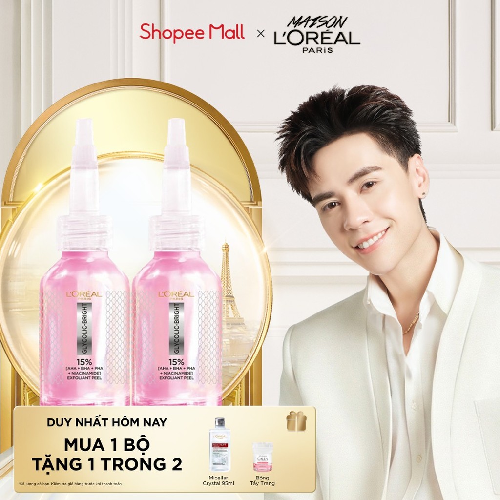 Bộ đôi dưỡng chất peel sáng da làm sạch tế bào da chết L'Oréal Paris Glycolic-Bright Anti-Dark Spot Exfoliant Peel 25ml