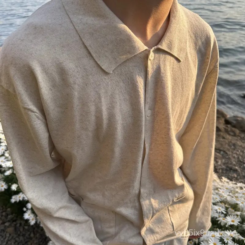 [Lusen] Cardigan retro chất liệu linen pha trộn, cổ đứng và túi ngực, dáng dài tay