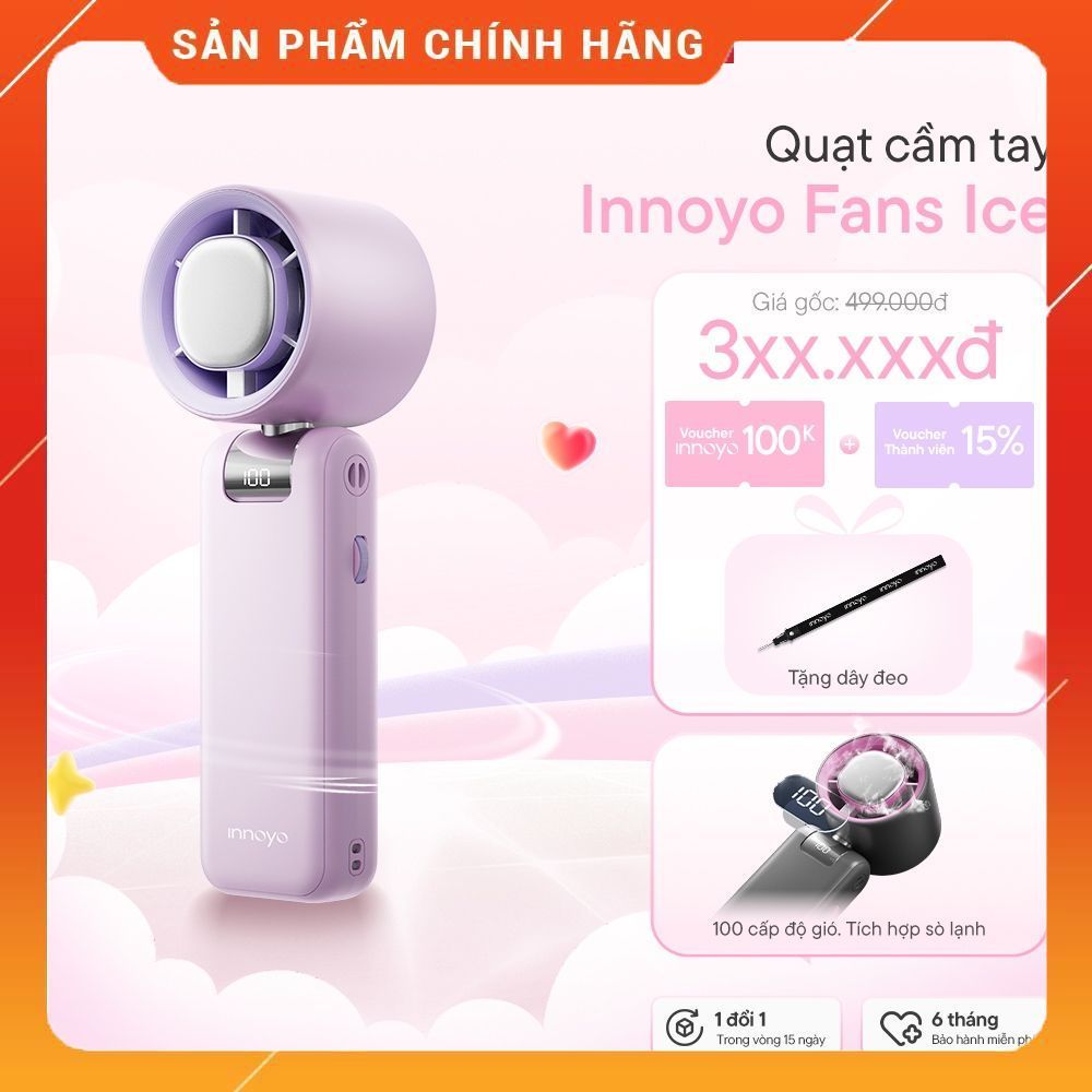 Quạt cầm tay Innoyo Fans Ice - 100 cấp độ gió, gập linh hoạt 180 độ, tích hợp sò lạnh - Bảo hành 6 t