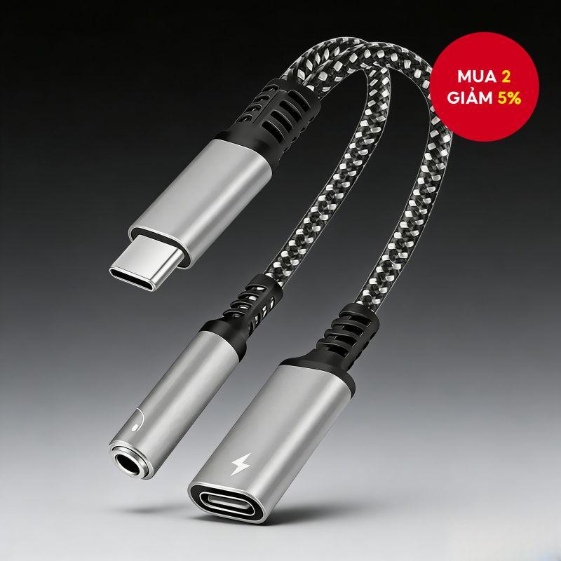 Bộ chia Hub 2 trong 1 Type C được nâng cấp Pd 60w Sạc nhanh Tai nghe Jack cắm Bộ chuyển đổi âm thanh
