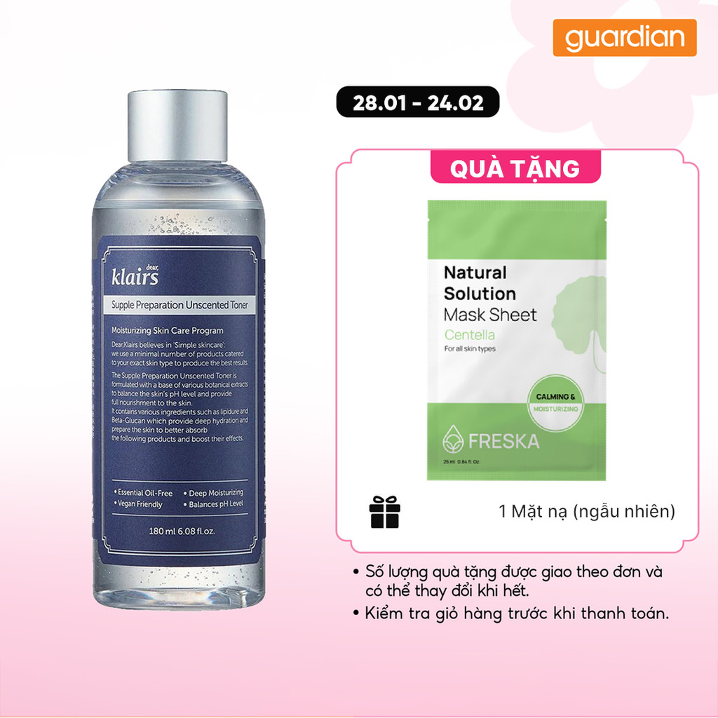 Nước Hoa Hồng Không Mùi Dưỡng Ẩm & Làm Mềm Dear, Klairs Supple Preparation Unscented Guardian 180Ml
