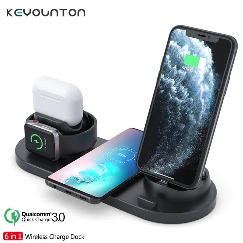 Bộ sạc không dây 6 trong 1 15W Qi Đế nhanh Carga Rapida Dock Station Carregador Sem Fio cho iPhone 1