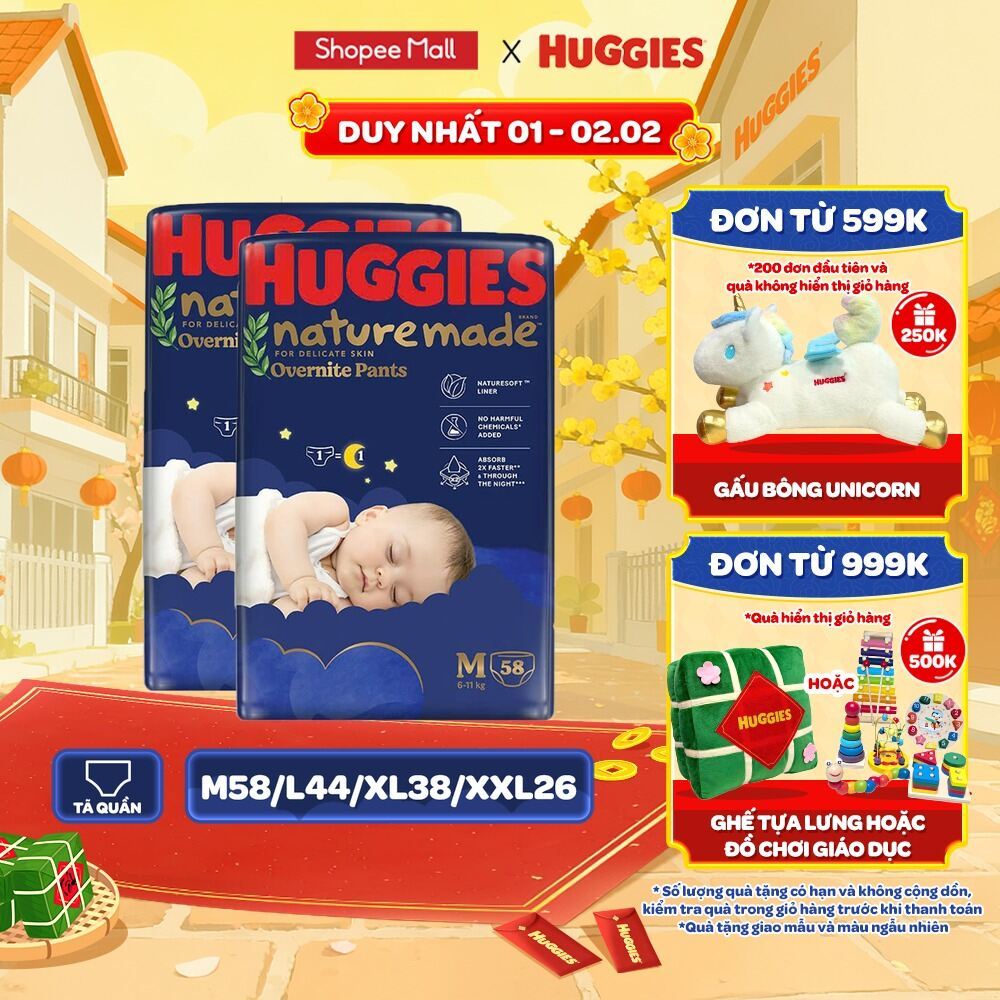 [Live Độc Quyền] Combo 2 Tã quần Huggies Naturemade ban đêm M58/L44/XL38/XXL26