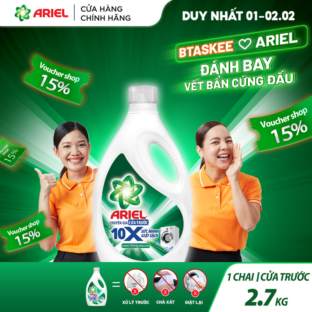 [Ariel x Btaskee] Chai nước giặt Ariel Gel 10X Sức Mạnh Hương Downy Nắng Sớm Cửa Trước 2.7kg