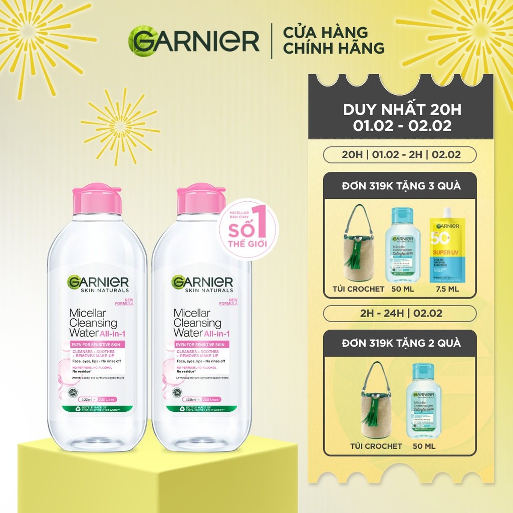 Bộ 2 nước làm sạch và tẩy trang cho da nhạy cảm (nắp hồng) Garnier 400ml x 2