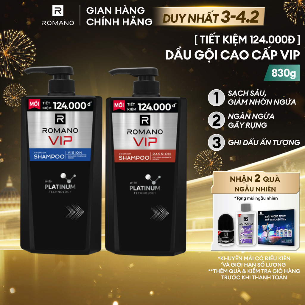 [Dung Tích Lớn] Dầu gội nam Cao Cấp Romano VIP Passion / Vision mùi Hương Bí Ẩn Nam Tính 830G