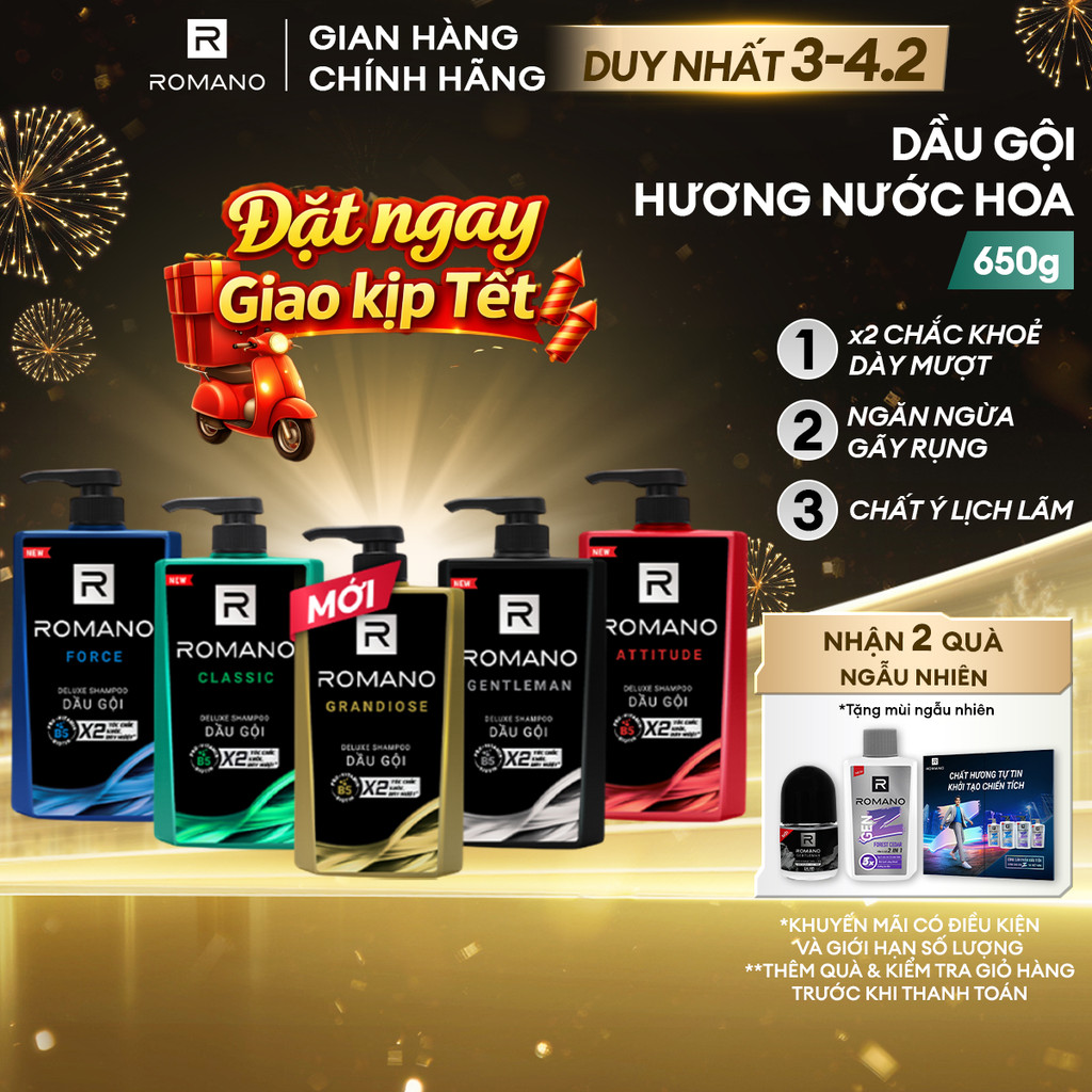 Dầu gội nam Romano hương Nước hoa nam Classic/ Force/ Attitude/ Gentleman 650g/chai