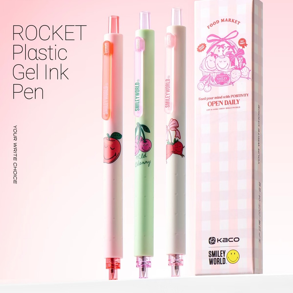 Hộp 3 Bút Kaco Rocket FOOD MARKET Smiley World Mực Đen Ngòi 0.5mm ST