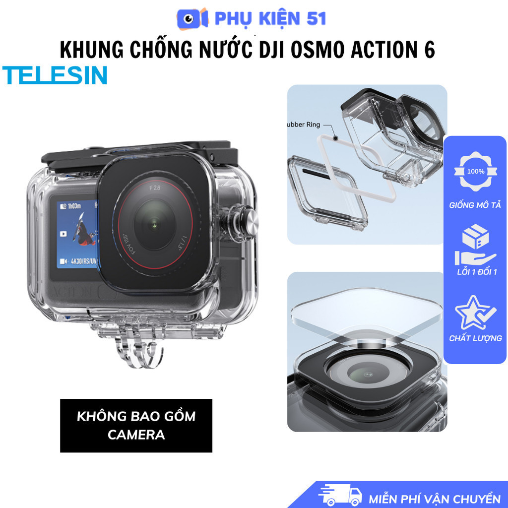 Khung vỏ chống nước TELESIN ACTION 6 chống nước đi bơi, đi lặn bảo vệ camera