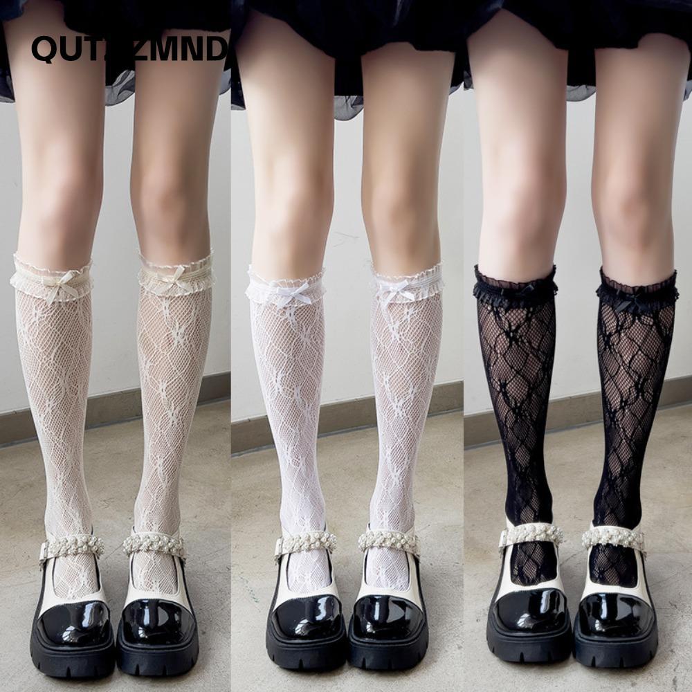 Tất ống giữa QUTZZMND, Tất lolita Nylon trắng đen, Tất lolita nơ Harajuku mùa xuân hè