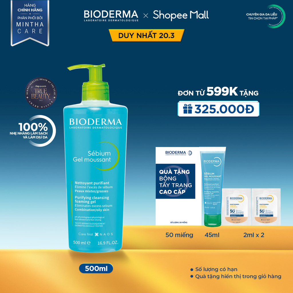 Gel rửa mặt tạo bọt, không chứa xà phòng Bioderma Sebium Gel Moussant - 500ml | BigBuy360 - bigbuy360.vn
