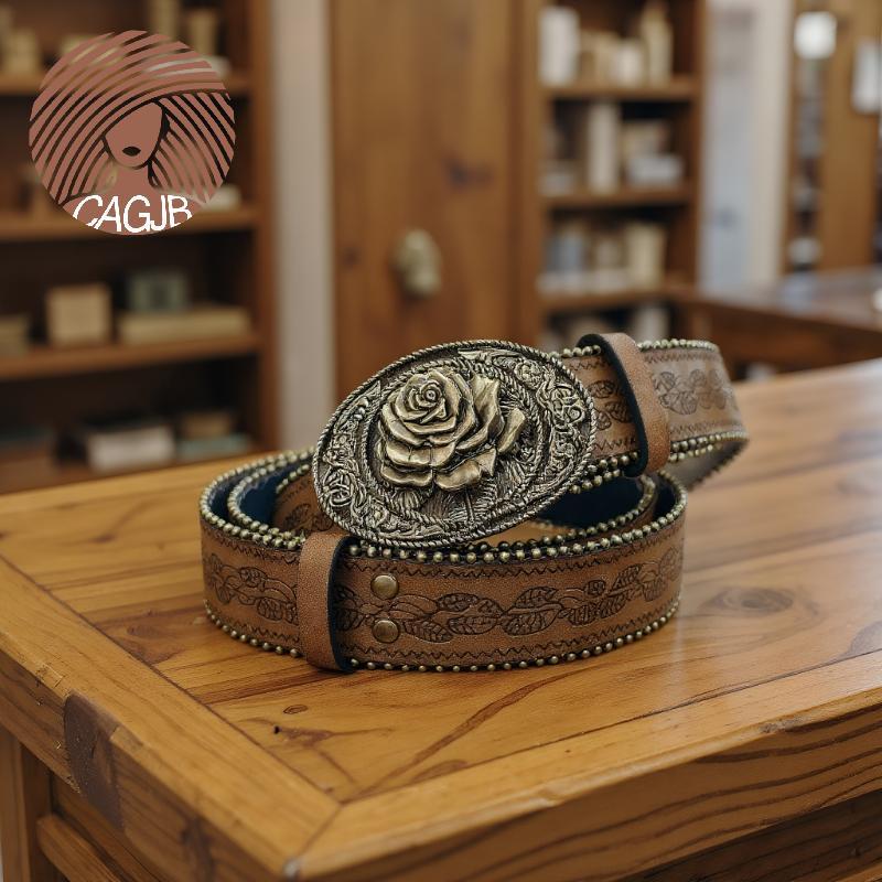 Thắt lưng boho da PU màu nâu với họa tiết khắc xanh, phù hợp cho quần jeans và style phương tây