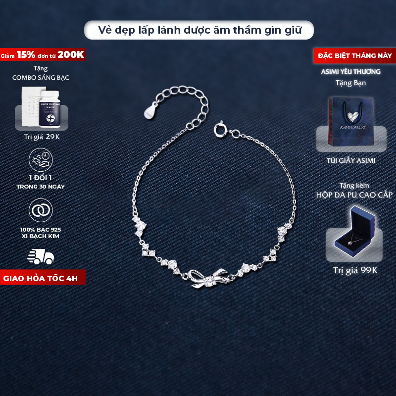 Lắc tay bạc nữ nơ Charmélia Asimi, lắc tay bạc Ý S925, lắc tay bạc ý S925 lấp lánh tinh tế Charmélia