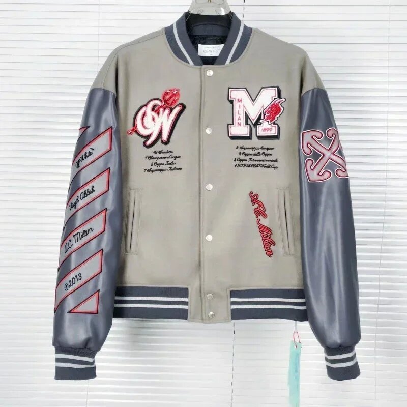 LIFQ Off-White Fashionable Men's Embroidered Football Bomber Jacket Hip-Hop Letter Patchwork Leather