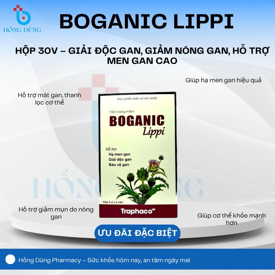 Boganic Lippi - Hỗ Trợ:Mát Gan, Hạ Men Gan, Giảm Mỡ Máu, Tăng Cường Chức Năng Gan - Hộp 30V