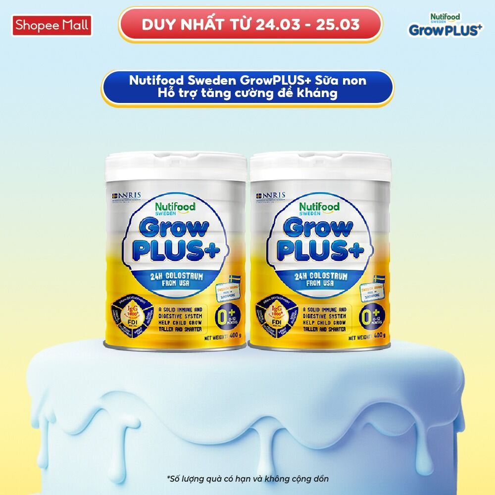 Combo 2 Sữa bột Nutifood GrowPLUS+ Vàng (Sữa Non Tăng Đề Kháng) 0-12 tháng (400g/Lon)