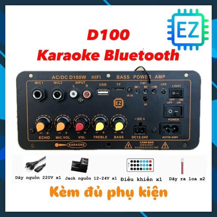 Mạch loa D100 hát Karaoke Bluetooth 5.0 - 300W, có cổng cắm mạch mic không dây, 12V/24V/220V (Tặng k