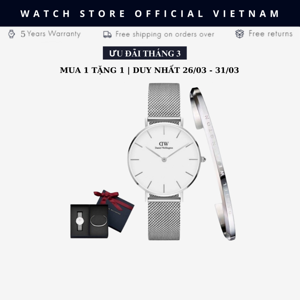 [Chính Hãng] Đồng Hồ Nữ Daniel  Classic Petite Sterling White Kèm Vòng Tay D . W Cuff Chính Hãng