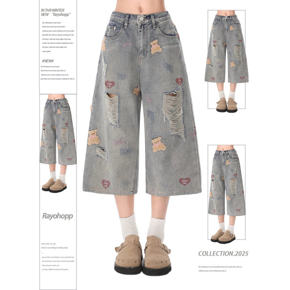 quần đùi nữ quần đùi jean nữ Quần short bò quần lửng siêu hot cỡ lớn rộng rãi thêu gấu rách hiphop m