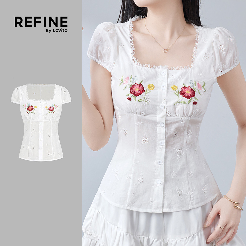 (Refine by Lovito) Áo sơ mi trắng nữ mùa xuân hè phong cách resort họa tiết ren dáng rộng LR35A240