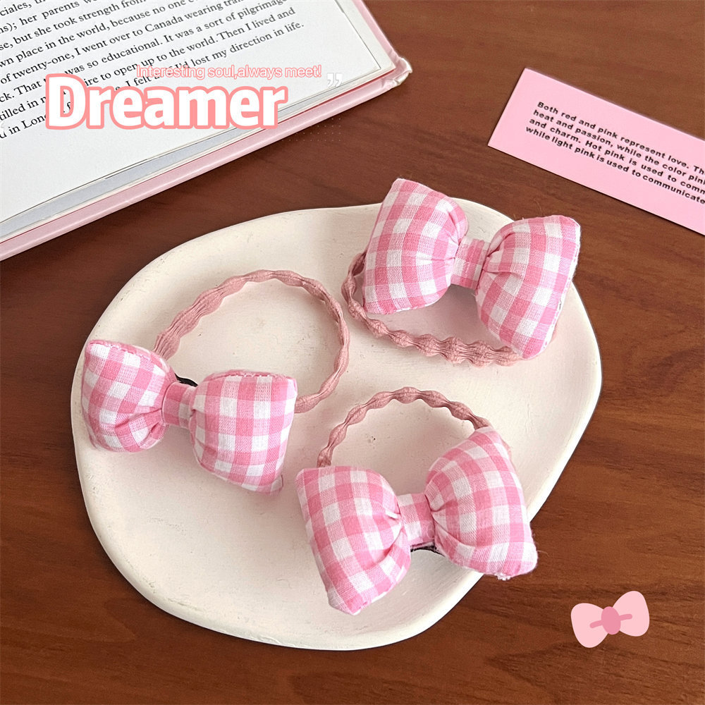 Japanese-style cute girly pink plaid bow hair tie, soft girl kawaii hair rope, forest-style girl ela
