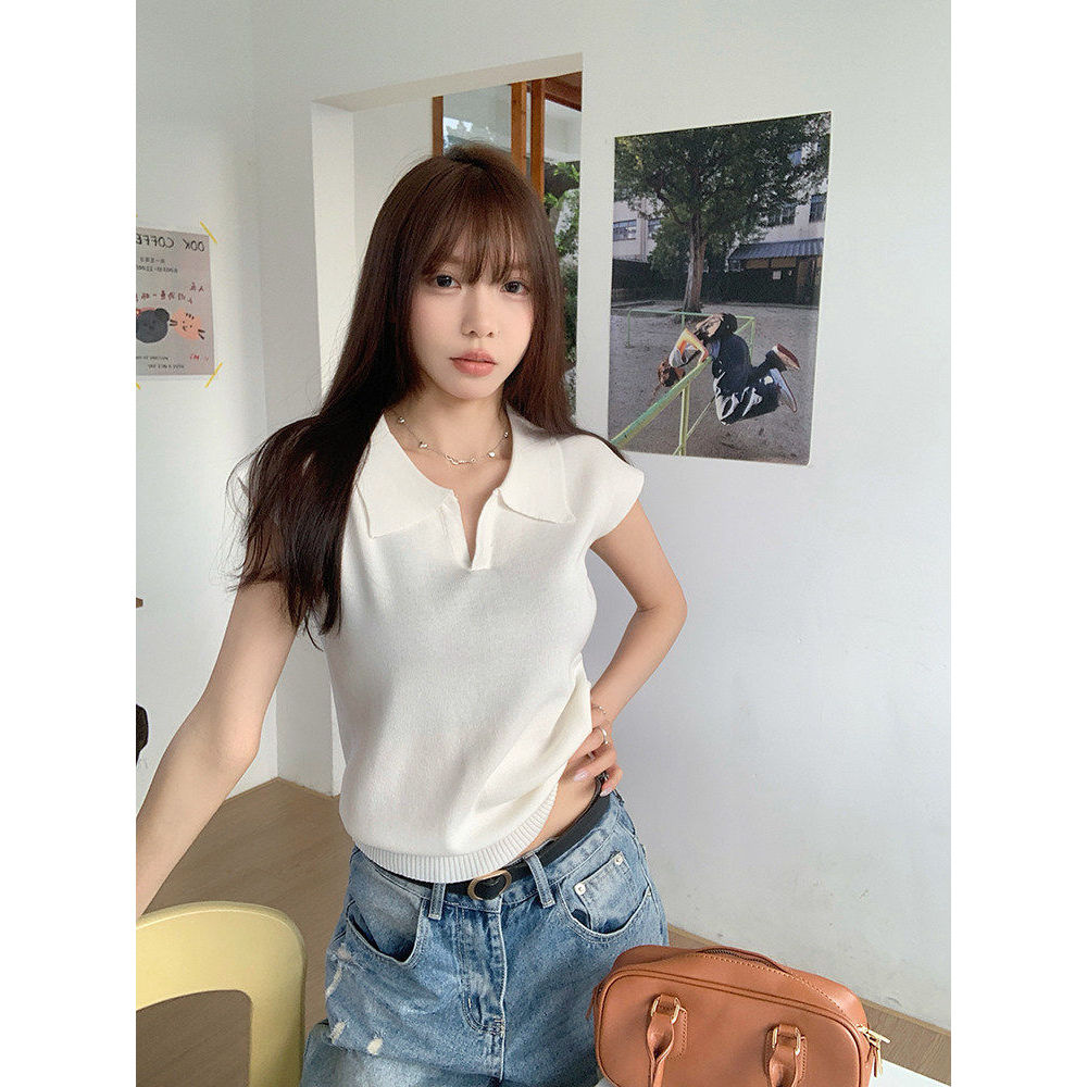 áo dệt kim nữ áo mùa hè nữ Áo phông ngắn tay dệt kim cổ bẻ màu xám Moses Queen Moses Queen áo cổ pol